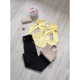 Felső bordázott buggyos ujjú V nyakú-Sárga